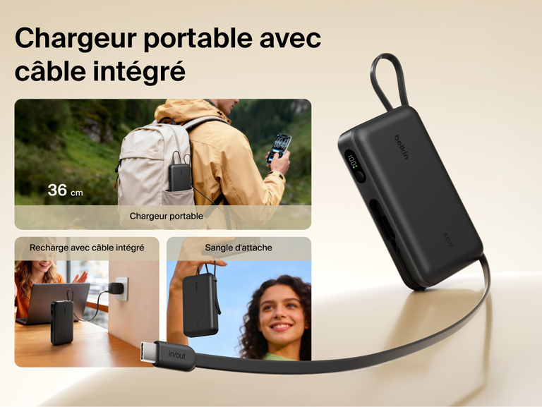 Belkin UltraCharge 20K 45W power bank with integrated USB-C cable for on-the-go charging, easy recharging, and convenient carry strap functionality