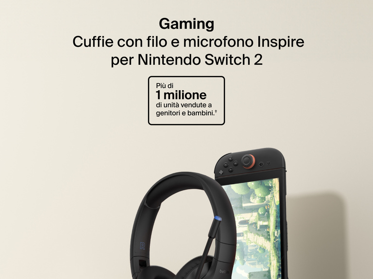 Immagine che mostra le cuffie con filo e microfono Inspire per Nintendo Switch 2 Belkin Gaming accanto alla console portatile, con un badge che riporta "Più di 1 milione di unità vendute a genitori e bambini".