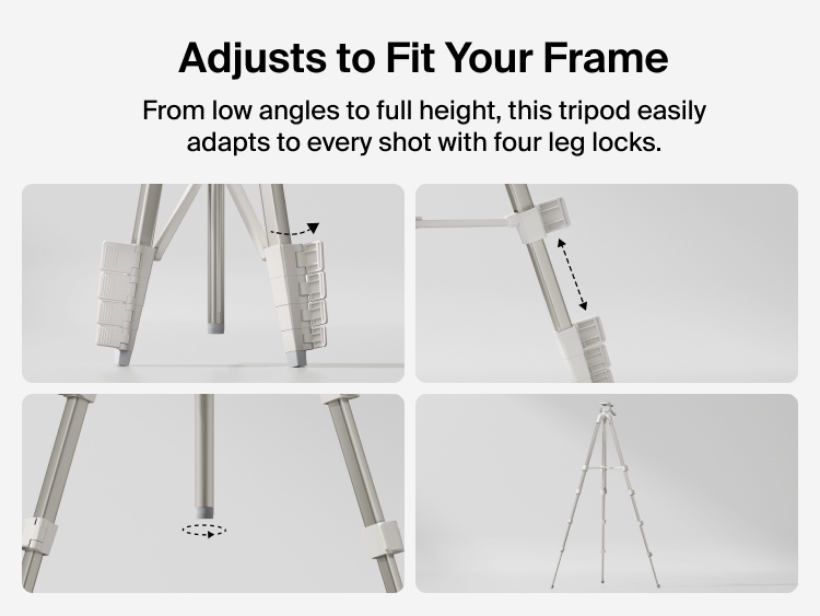 Image showing Belkin Stage Creator Kit tripod with adjustable legs and four locking mechanisms designed to adapt from low angles to full height for flexible content creation.