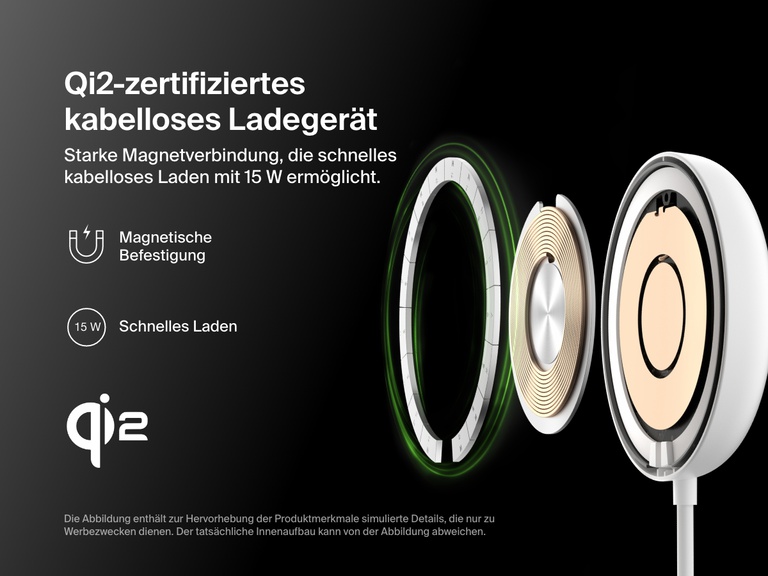 Eine Einzelteildarstellung eines weißen,  magnetischen, kabellosen Belkin BoostCharge Pro-Ladegeräts mit Qi2 und 15 Watt zeigt seine internen Komponenten und veranschaulicht seine Qi2-Zertifizierung, seine 15-Watt-Schnellladefunktion und feste magnetische Platzierung.