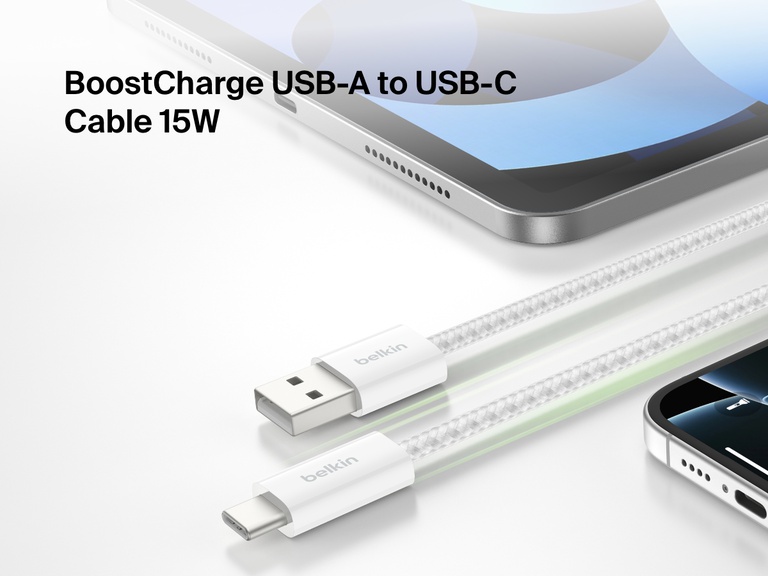 Image of the Belkin BoostCharge USB-A to USB-C Cable 15W shown connecting an iPad and iPhone, featuring a durable braided design for reliable fast charging and universal device compatibility.
