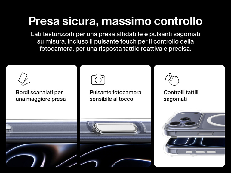 Belkin SheerForce Clear Series Case for iPhone 17 with grooved edges, tactile molded controls, and touch-sensitive camera button for secure grip and seamless control.