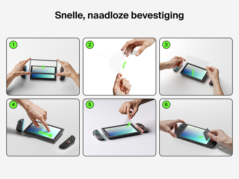 Een visuele handleiding in zes stappen met de titel "Snelle, naadloze bevestiging" waarin te zien is hoe je een Belkin-screenprotector op een Nintendo Switch 2 aanbrengt. In stap 1 wordt het frame op de console geplaatst. In stap 2 wordt de achterkant van de screenprotector eraf getrokken. In stap 3 wordt de screenprotector op het scherm aangebracht. In stap 4 wordt deze gladgestreken met een vinger. In stap 5 wordt het bevestigingsframe verwijderd. In stap 6 worden eventuele luchtbellen met een kaart verwijderd om de screenprotector vlekkeloos en nauwkeurig te bevestigen.