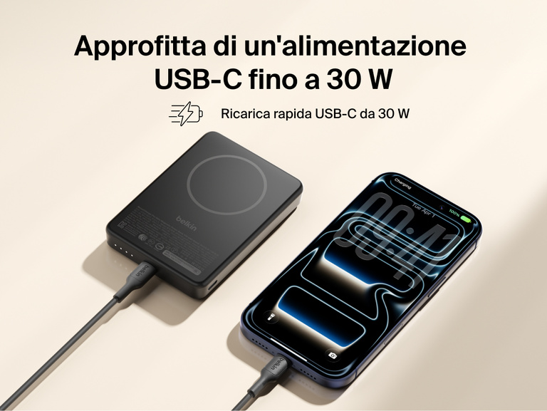 Slim Magnetic Power Bank 10K with Qi2 connected via USB-C cable delivering fast charging to smartphone
