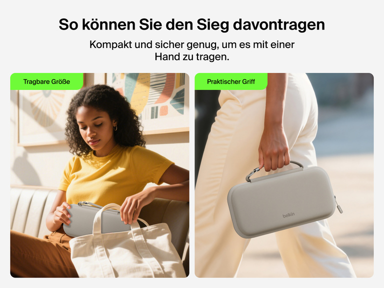 Belkin Gaming Travel Case for Nintendo Switch 2 shown being packed into a tote and carried by its handle, highlighting its portable size and easy-grip convenience for travel.