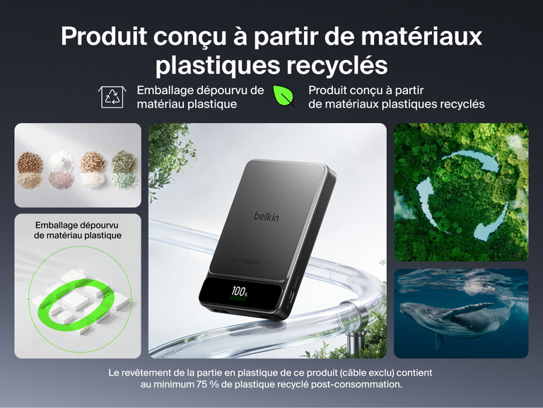 Image de la batterie externe Belkin&nbsp;UltraCharge&nbsp;Pro 10K avec BoostSolid&nbsp;Cell et de son rev&ecirc;tement en plastique recycl&eacute; avec emballage d&eacute;pourvu de plastique.