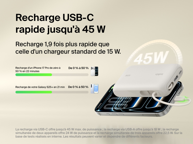 Belkin UltraCharge 10K power bank with integrated USB-C cable and digital display delivering up to 45W fast charging for smartphones and portable devices