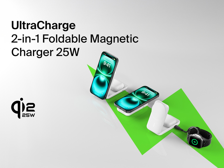 Belkin UltraCharge 2-in-1 Foldable Magnetic Charger with Qi2 25W shown charging iPhone, AirPods, and Apple Watch on a sleek, compact stand.