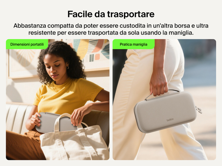 Illustrazione del supporto di ricarica magnetica compatto 3 in 1 BoostCharge Belkin mentre ricarica in modalità wireless gli AirPods, mettendo in risalto la sua compatibilità con tutti i modelli di AirPods ed AirPods Pro.