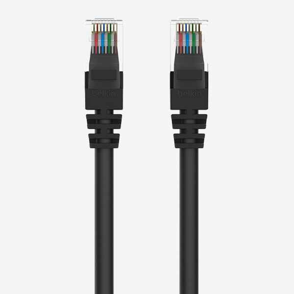 A Belkin black Ethernet cable with two RJ45 connectors, featuring transparent plastic housings with visible internal wiring and strain relief boots, against a white background.