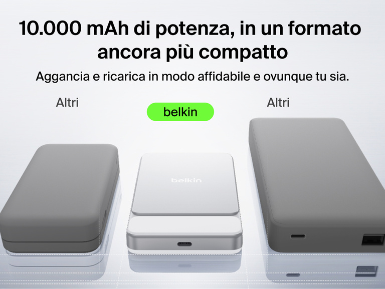 Belkin UltraCharge Slim Magnetic Power Bank 10K highlighting premium aluminum finish, ergonomic grip, soft-touch magnetic surface, digital display, and portable wireless charging design