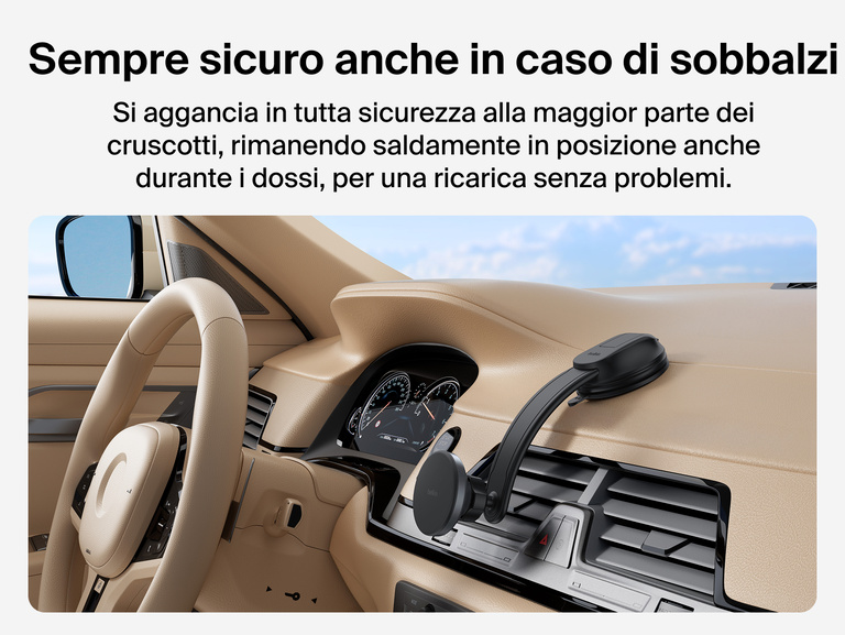 Belkin BoostCharge Magnetic Wireless Charging Car Vent and Dash Mount shown secured to a car dashboard with gel adhesive, highlighting compatibility with vegan leather, wood, plastic, and metal surfaces.