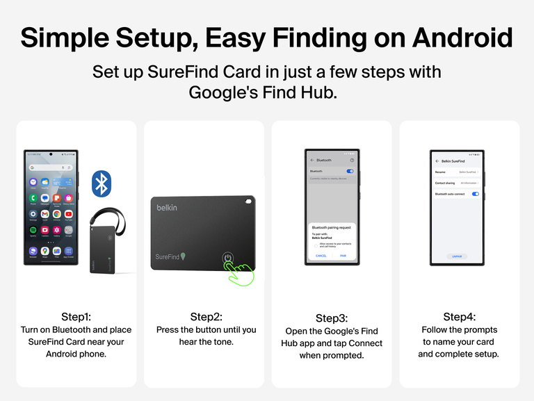 Four-step guide shows how to set up Belkin SureFind Card with Google Find Hub using Bluetooth and an Android phone.
