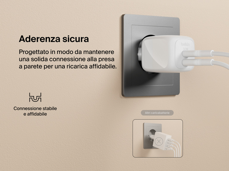 Immagine del doppio caricabatteria da parete GaN USB-C da 50 W BoostCharge Pro Belkin collegato in modo sicuro a una presa a muro, con due cavi connessi, per evidenziare l'aderenza stabile e affidabile rispetto agli altri tipi di caricabatterie.