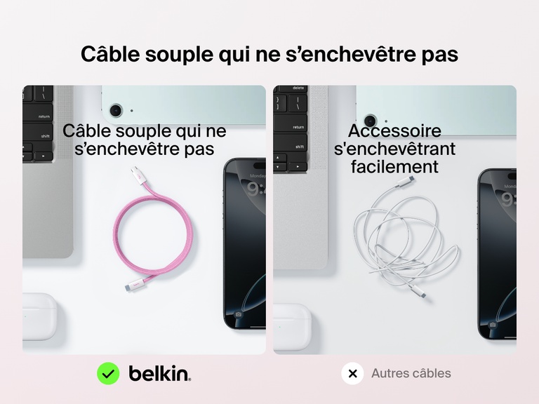 Image de comparaison montrant d'un côté le câble USB-C vers USB-C Belkin BoostCharge (60 W), souple et résistant aux enchevêtrement, et de l'autre un câble standard qui s'emmêle facilement.
