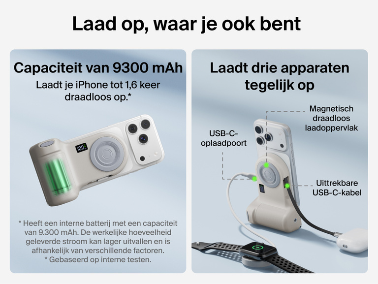 Belkin Stage PowerGrip compatibility chart showing support for iPhone 12 and later, Google Pixel 10 and later, USB-C devices like AirPods and Galaxy, and tripods with 1/4-inch mounts.
