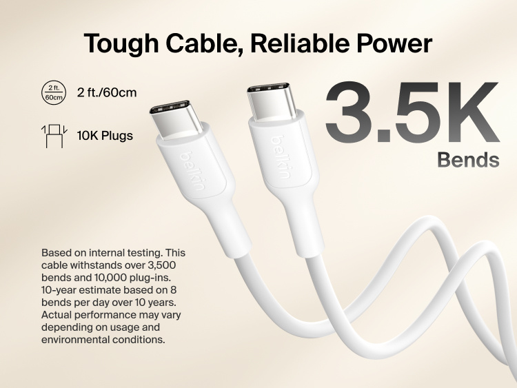 Belkin BoostCharge Slim Magnetic Power Bank 10K with included USB-C to USB-C cable highlighting durable design tested for 3,500 bends and 10,000 plug-ins