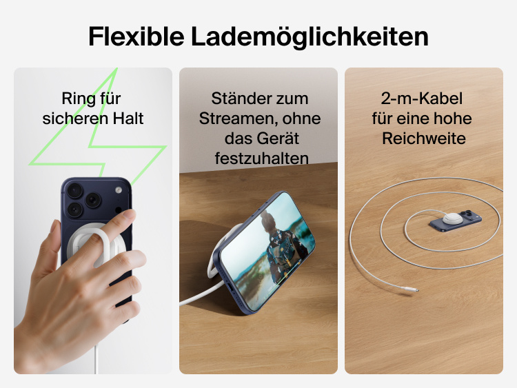Die Funktion des ringf&ouml;rmigen Halters und St&auml;nders des Belkin UltraCharge magnetischen Ladeger&auml;ts mit Qi2 25W wird veranschaulicht und das enthaltene 2-m-Kabel zum flexiblen und Laden und zur Verwendung, ohne das Ger&auml;t festhalten zu m&uuml;ssen, wird gezeigt.