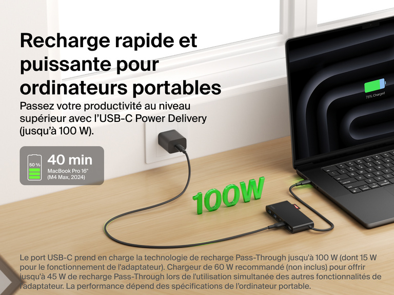 Belkin Connect 7-Port USB-C Hub with Dual USB-C Ports providing up to 100W USB-C Power Delivery for laptop charging.