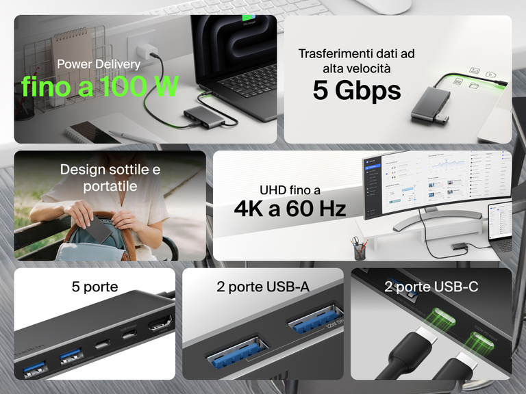 Belkin Connect 5-Port USB-C Hub with Dual USB-C Ports featuring 4K@60Hz display, 100W power delivery, 5Gbps data transfer, 2 USB-C and 2 USB-A ports, in a slim and portable design.