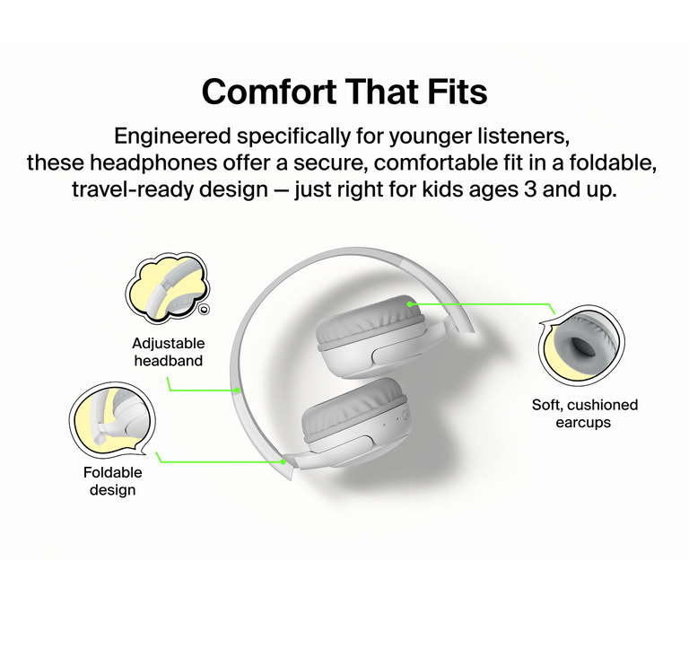 SoundForm Mini 2 Wireless On-Ear Headphones for Kids in folded position with callouts highlighting the adjustable headband, foldable design, and soft cushioned earcups