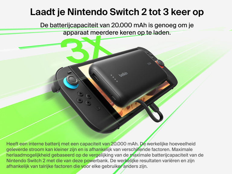 De Belkin Gaming 20.000mAh-powerbank (30 W) met geïntegreerde USB-C-kabel laadt de Nintendo Switch 2 tot wel drie keer op om langer te kunnen gamen.
