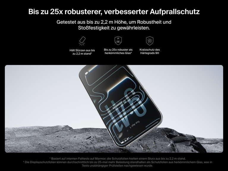 Belkin ScreenForce UltraGlass 2 Screen Protector delivers up to 25x stronger protection with 7.2 ft drop resistance and 9H scratch durability for iPhone.