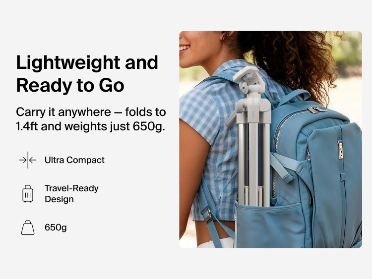 A person wearing a blue gingham top carries a light blue backpack with a compact tripod tucked into the side pocket. Text on the left reads &ldquo;Lightweight and Ready to Go,&rdquo; explaining that the tripod folds to 1.4 feet and weighs 650 grams. Icons highlight features such as ultra-compact size and a travel-ready design.