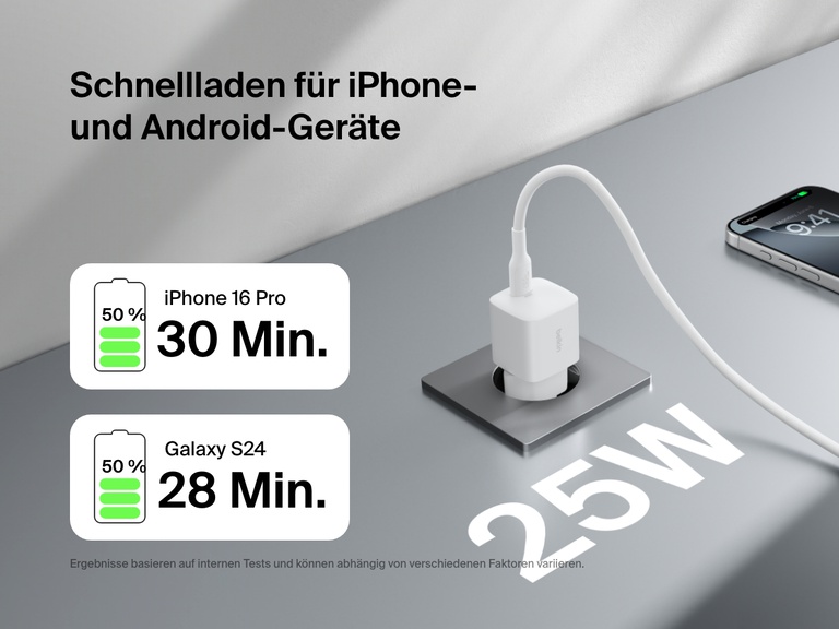 Belkin BoostCharge USB-C Wall Charger 25W delivers fast charging for iPhone 16 Pro and Galaxy S24, powering up to 50% in around 30 minutes.