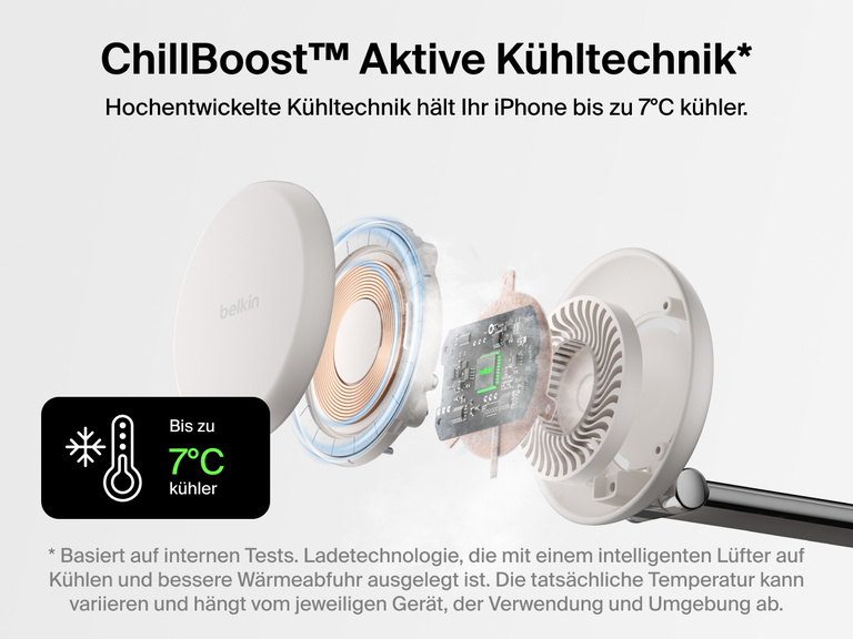 Die Belkin UltraCharge Pro magnetische 3-in-1-Ladestation mit Qi2 25W hält während des schnellen kabellosen Ladens mit der aktiven Kühltechnik ChillBoost™ Ihr iPhone ca. 7°C kühler.