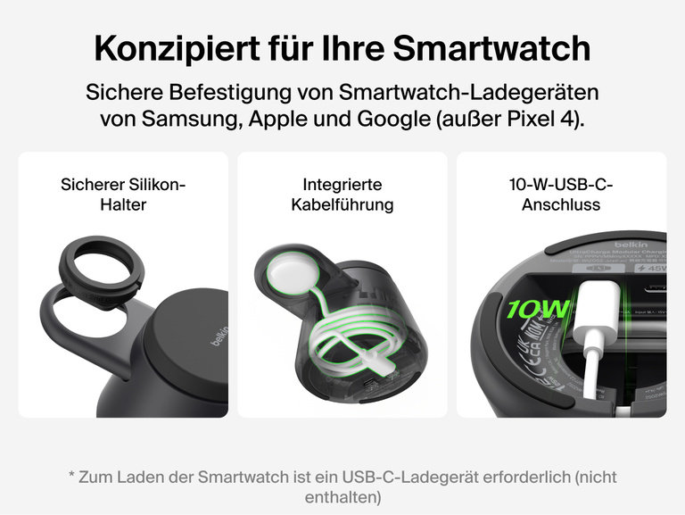 Die Belkin UltraCharge modulare Ladestation mit Qi2&nbsp;25W wird mit ihrem sicheren, passgenauen Smartwatch-Halter mit Silikonoberfl&auml;che, integriertem Kabelmanagement und 10-W-USB-C-Anschluss gezeigt, der zum flexiblen Laden mit kompatiblen Smartwatch-Ladeger&auml;ten von Apple, Google und Samsung dient.