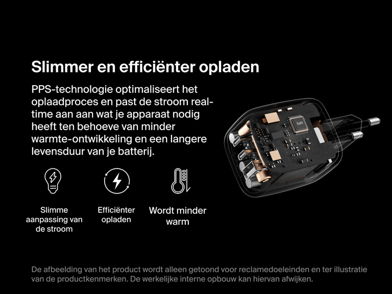 BoostCharge Pro 3-Port GaN Wall Charger 70W shown with simulated internal view, highlighting PPS technology for smart power adjustment, reduced heat, and efficient charging.