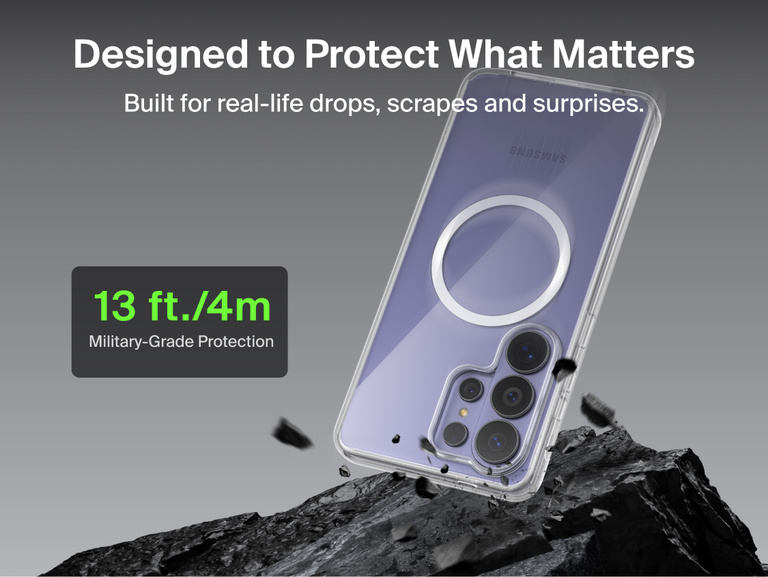 Belkin SheerForce Clear Series Case for Samsung Galaxy S26 shown protecting a phone during impact, highlighting slim design with 13 ft / 4 m military-grade drop protection and built-in Qi2 wireless charging support.