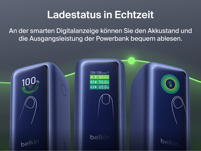 Nahaufnahme der UltraCharge Powerbank 22K mit einziehbarem Kabel, deren intelligentes digitales Display nacheinander den Akkustand in Prozent, die Ausgangsleistung pro Anschluss in Watt und die Temperatur anzeigt