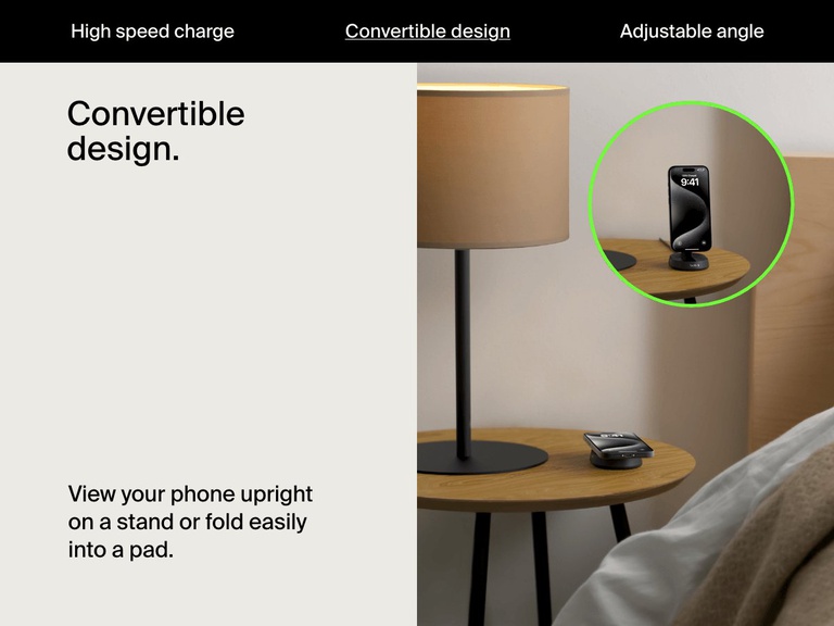 A black Belkin BoostCharge Pro Convertible Magnetic Wireless Charging Stand with Qi2 15W is shown on a bedside table in both upright stand and flat pad positions, highlighting its versatile convertible design.