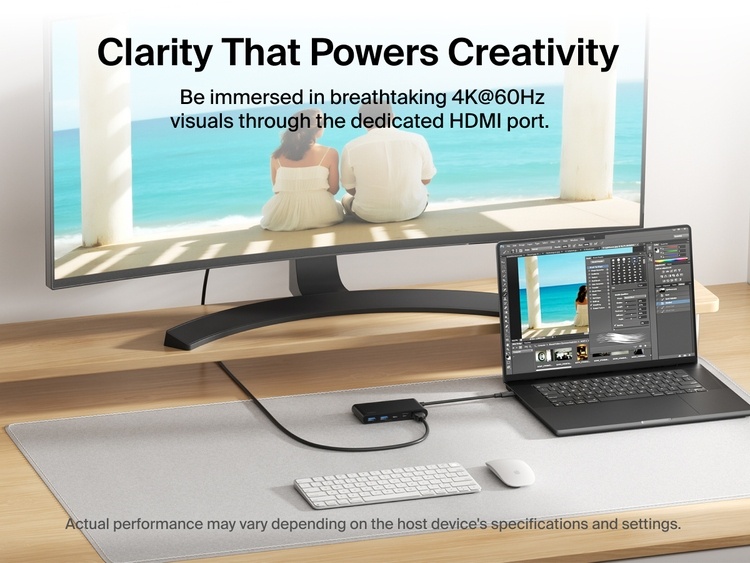 Belkin Connect 5-Port USB-C Hub with Dual USB-C Ports connects a laptop to a monitor, delivering stunning 4K@60Hz visuals via the dedicated HDMI port.