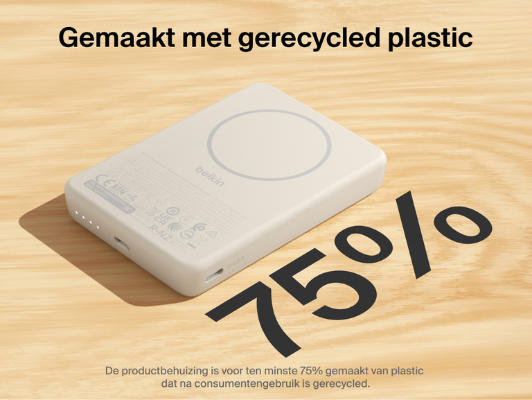 Slim Magnetic Power Bank 10K with Qi2 showing recycled plastic housing with 75% post-consumer materials and wireless charging surface on top