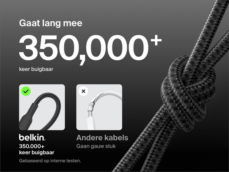 Belkin BoostCharge USB-C to Micro-USB Braided Cable 15W shown knotted to highlight durability with 350,000+ bend lifespan compared to standard easily broken cables.
