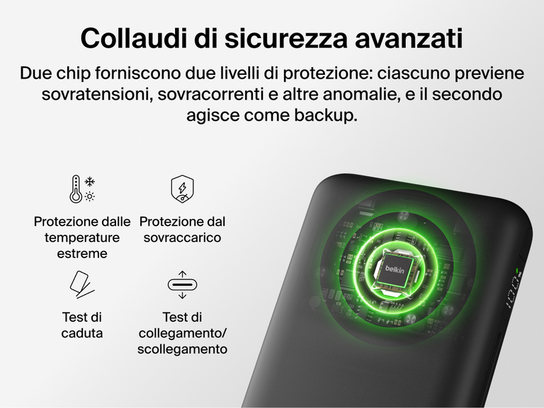 Belkin UltraCharge Pro Laptop Power Bank 25K featuring dual-chip safety protection with safeguards against overvoltage, overcurrent, temperature and drop impact