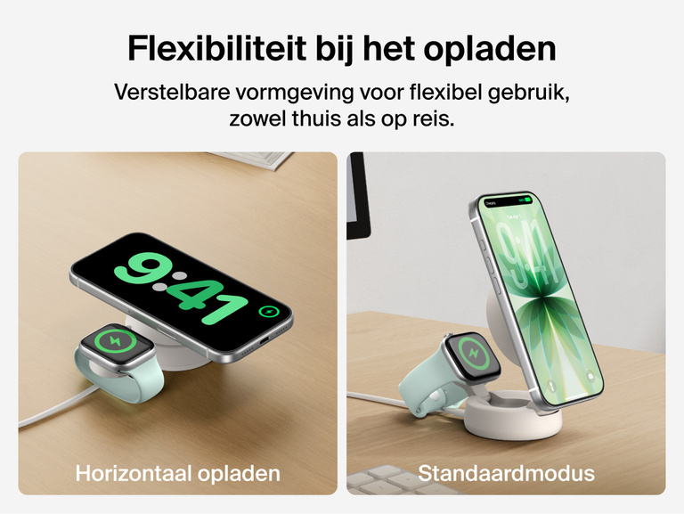 De Belkin UltraCharge Pro 2-in-1 verstelbare magnetische lader met Qi2 25W kan als horizontaal laadoppervlak gebruikt worden en uitgeklapt worden voor opladen in de standaard-modus, en is geschikt voor het snel draadloos opladen van een smartphone en een Apple Watch, zowel thuis als op reis.