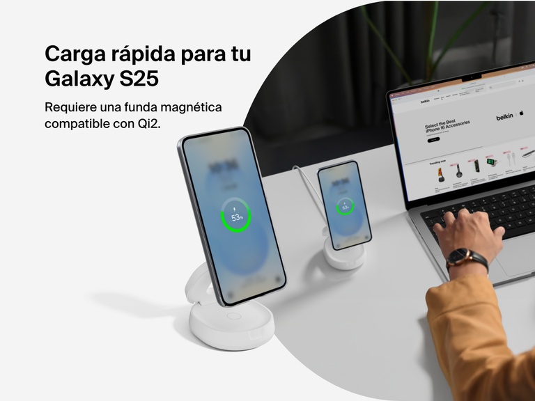 Belkin BoostCharge 2-in-1 Convertible Magnetic Charging Stand with Qi2 15W shown fast charging a Galaxy S25 in a Qi2-compatible magnetic case at a desktop workspace.