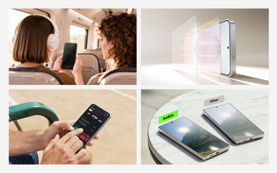 Four-image collage illustrating screen protector benefits: passengers using a smartphone on a train, a layered screen protector showing light-filtering technology, a person using a phone outdoors with wet hands, and a glare comparison between &lsquo;belkin&rsquo; and &lsquo;Other&rsquo; phones on a marble table.