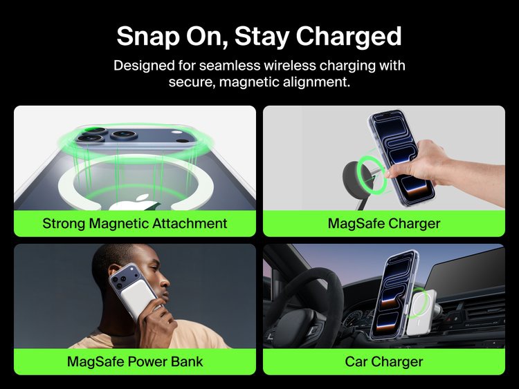 Belkin SheerForce Clear Series Case for iPhone 17 supports MagSafe accessories with strong magnetic attachment for chargers, power banks, and car mounts.