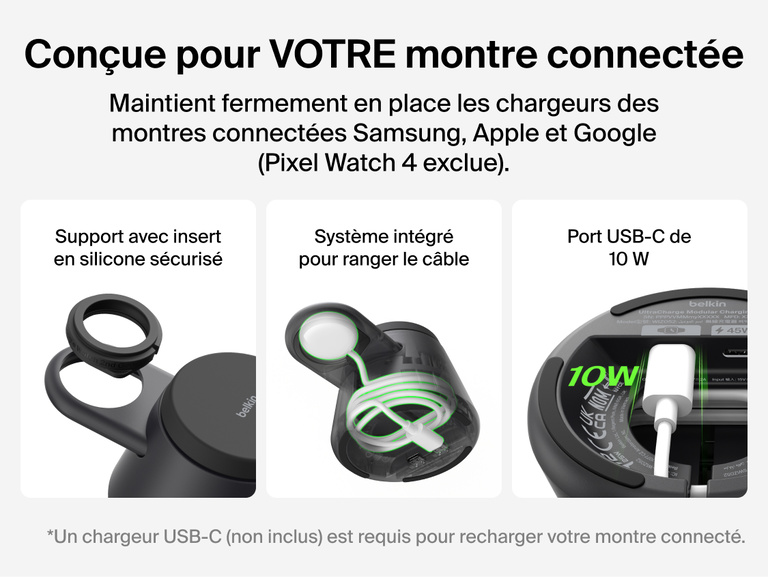 Image de la station de recharge modulaire Belkin UltraCharge avec Qi2 25&nbsp;W et son support avec insert s&eacute;curis&eacute; en silicone pour montres connect&eacute;es, son compartiment de rangement de c&acirc;ble, son port USB-C de 10&nbsp;W compatible avec les chargeurs des montres connect&eacute;es Apple, Google et Samsung.