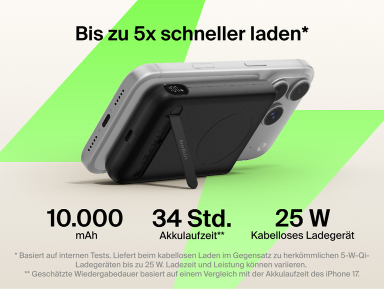 Belkin UltraCharge Pro Power Bank 10K with magnetic ring attached to a smartphone, highlighting up to 25W wireless fast charging, 10,000 mAh capacity, extended battery life, and built-in kickstand for hands-free use.