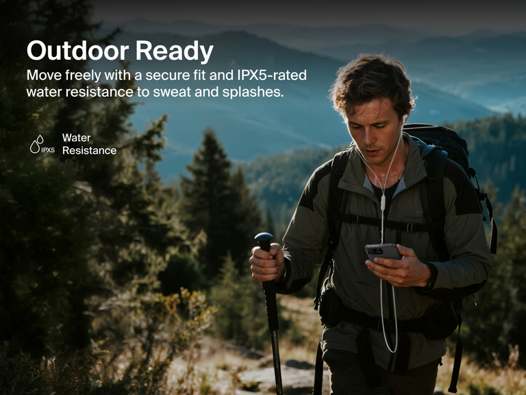 Belkin SoundForm ANC Wired Earbuds with USB-C® feature IPX5 water resistance and a secure fit for outdoor activities and active lifestyles.