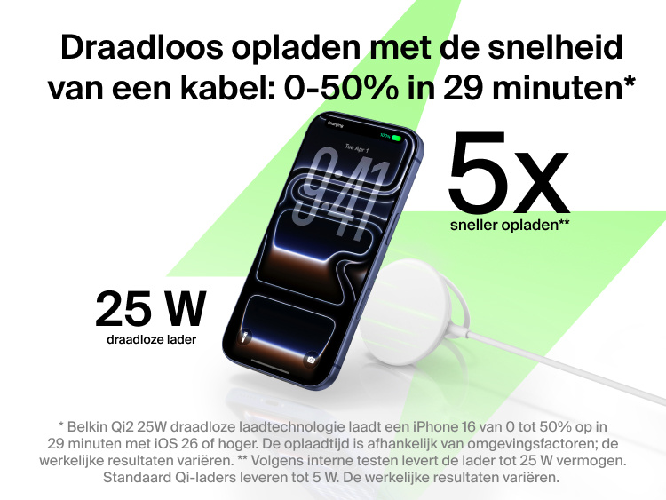 Afbeelding van een Belkin UltraCharge magnetische lader met Qi2 25W, die een smartphone draadloos van stroom voorziet, waarmee de hoge laadsnelheid ge&iuml;llustreerd word: van 0&ndash;50% in 29 minuten.