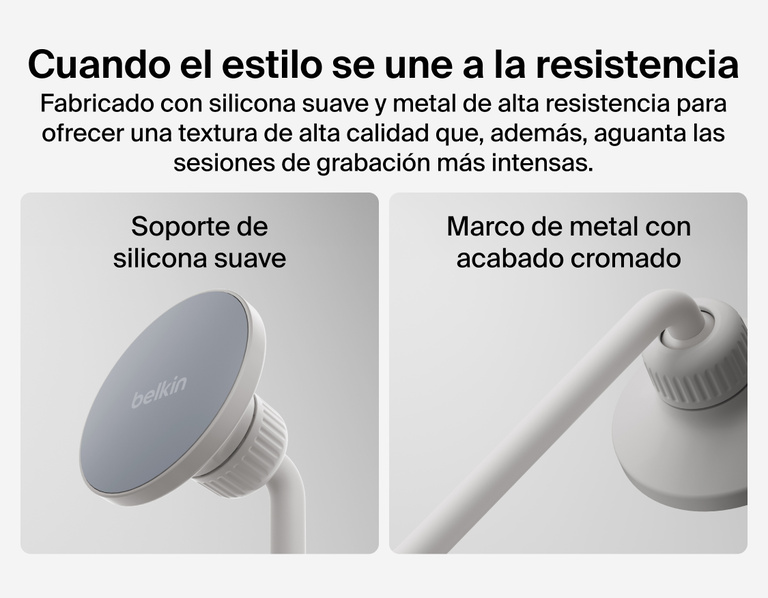 Image showing Belkin Stage Creator Kit crafted with a soft-touch silicone mount and chrome-finished metal frame, combining premium durability with a sleek, modern design.