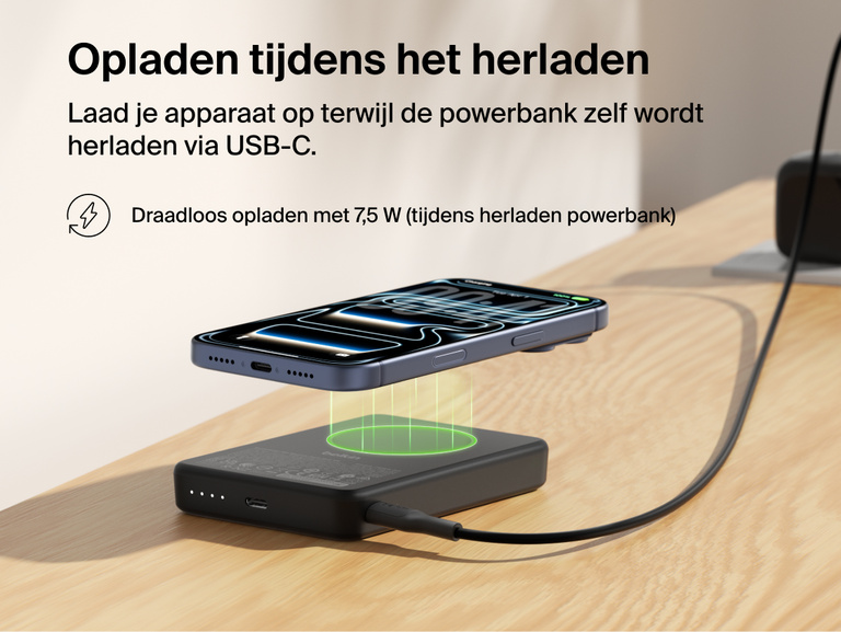 Belkin BoostCharge Slim Magnetic Power Bank 10K demonstrating pass-through charging with a smartphone wirelessly charging at 7.5W while the power bank recharges via USB-C