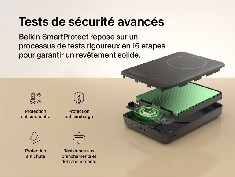 Slim Magnetic Power Bank 10K with Qi2 internal components exploded view highlighting thermal management and safety protection features